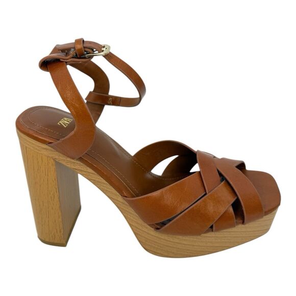 Zara Leather Platform retro chunky Strappy Wooden Heeled Sandals Size 40 - Picture 3 of 8